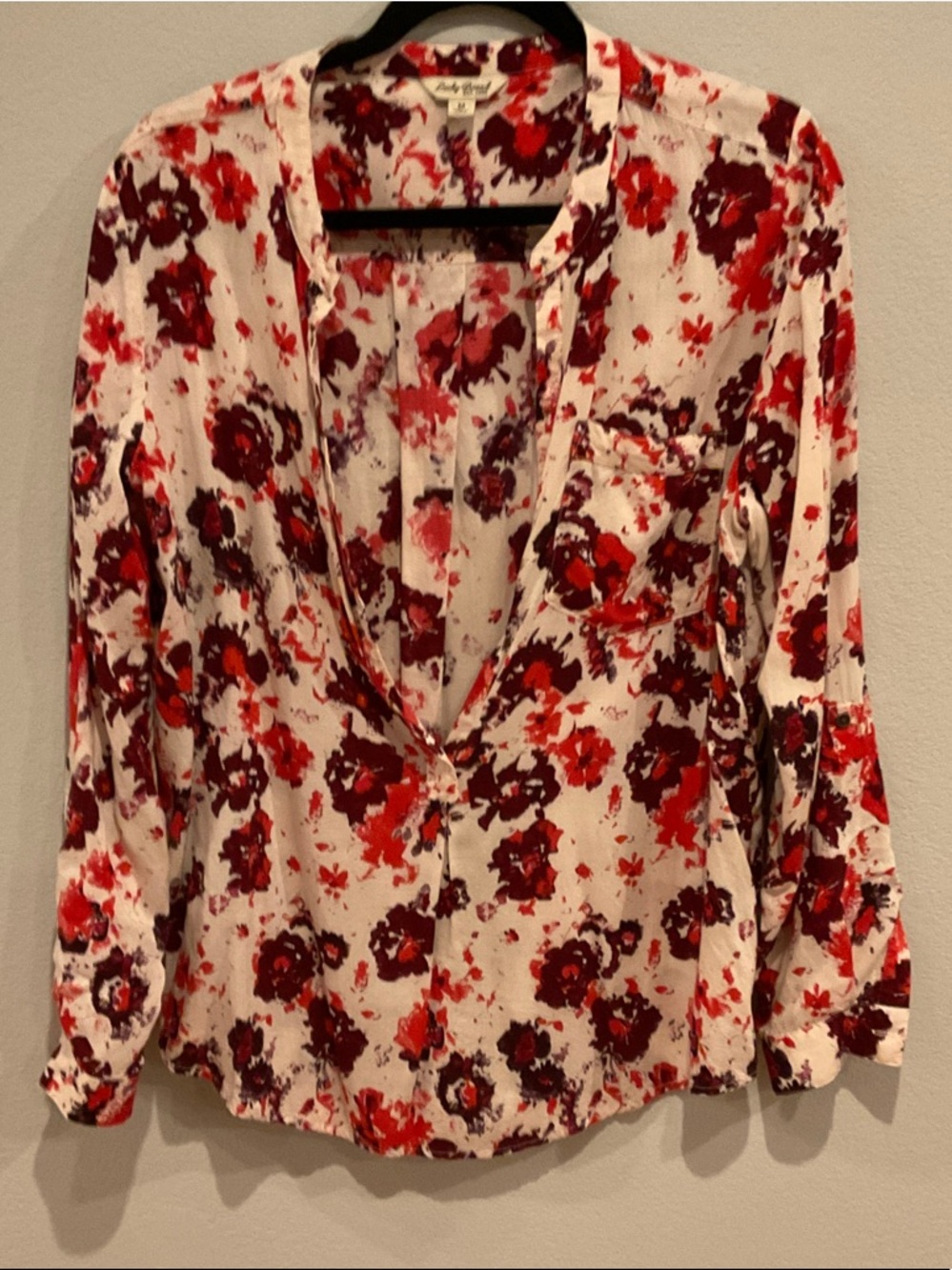Lucky Brand Red and Burgundy Floral V-Neck Blouse on Cream